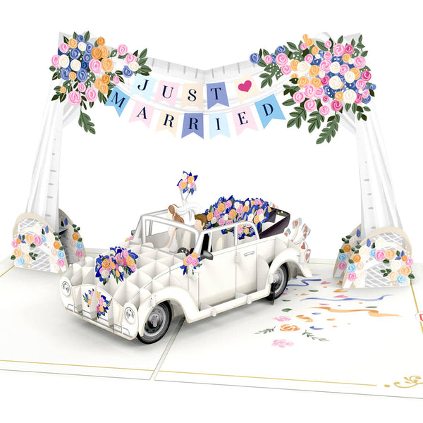 Hochzeitsauto mit "Just Married" Girlande Pop-Up