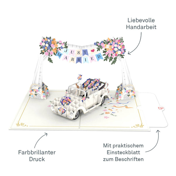 Hochzeitsauto mit "Just Married" Girlande Pop-Up